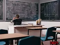Horny teacher fucks naughty colleague after he masturbated in classroom.
