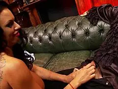 Karry Louise, the brunette milf in lingerie, licks and blows Kai's big cock before anal