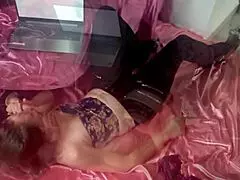 French blonde amateur in lingerie heels and stockings masturbates with sex toys