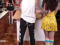 Maid resists masturbation while daddy fucks in kitchen