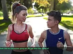 A wife and stepmother enjoy a relaxing jog together outdoors.