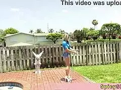 Blonde MILF with tattoos and big tits gives oral and gets fucked by stepson