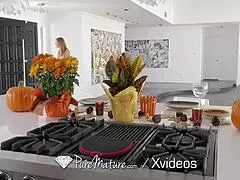 This busty housewife is christening the kitchen!