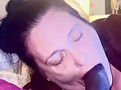 Hot thick midget sucks and slurps big black cock, gagging with cum.