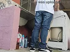 petite brunette housewife in shorts welcomes dirty technician while husband is away