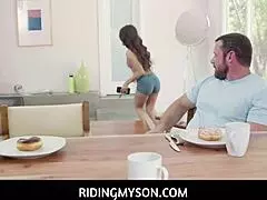 Sexy busty stepmom Carmela Clutch sneaks under the table for a blowjob. Then rides Sergeant Miles hard!