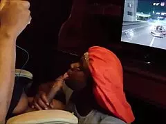Playing nfs while she chokes on big black cock, licking balls until swallowing cum 😈