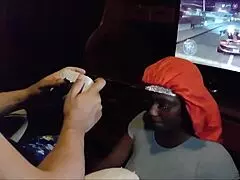 Playing nfs while she chokes on big black cock, licking balls until swallowing cum 😈