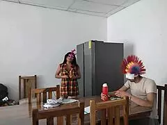 Housemaid touches body sensually flirts with dildo while feeding blind man in homemade milf amateurs toys