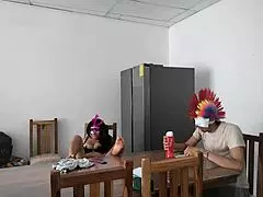 Housemaid touches body sensually flirts with dildo while feeding blind man in homemade milf amateurs toys