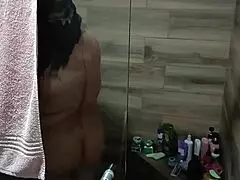 caught my aunt bathing at home, she masturbates and nearly spots me!