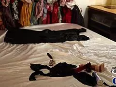 French slut in satin thong masturbates?