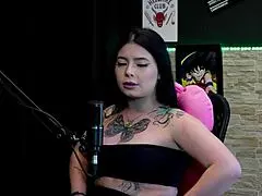 Brunette Hot Tattooed Shows Big Tits After Sucking Friend's Dick