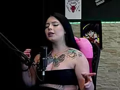 Brunette Hot Tattooed Shows Big Tits After Sucking Friend's Dick