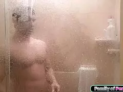 Busty Stepmom Spies on Stepson in Shower, Deepthroats and Handjobs