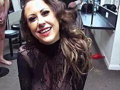 naughty milf stripper sucks off a group of lads backstage with sloppy big natural tits
