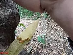 Perverted Slut Squirts Piss From Wooden Stake In Forest