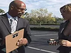 Hes got a monster black cock and she needs it buried in her tight pussy with anal, asshole, big tits, stockings, hairless, handjob, and bed