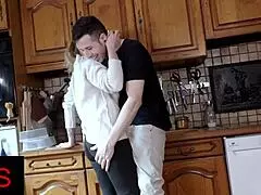 Slutty blonde milf gets fucked in the kitchen with squirting and swollen pussy