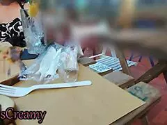 At the bar during aperitif, the wife goes without panties, risking public voyeur exposure on the desk.