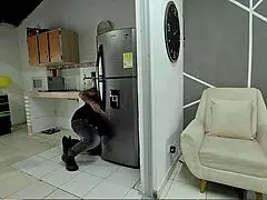 What if this mature woman can't pay for fridge repair so she offers to fuck the technician and milk him instead - Spanish porno?