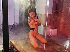 Rock star Monika Fox gets her holes fucked with double penetration and big dildos in the shower