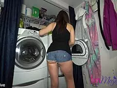 Watch Me Take Clothes Out Of The Dryer With Very Short Shorts