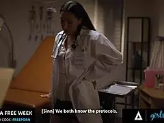 In the hospital, nurse vicki chase licks doctor sinn sage's pussy to keep a secret