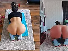 curvy woman spreads wet ass in naked dual cam workout