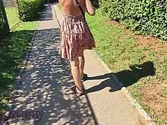 Exhibitionist Wife Flashes Pussy Outdoors In Spain, Gets Caught