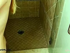 Bold action as hot teen 18+ blonde takes a shower in petite style on sofa.