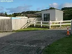 filthy kiwi mature milf squats to piss on the campground ground with campers nearby, staying submissive