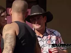 Gorgeous Brunette Milf Bent Over, Shaved Pussy Licked and Pounded Doggystyle by Friends in Swingers Group