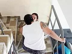 I feel the passion building as I fuck this curvy mature woman with big natural tits on the bedroom stairs, kissing and fingering her deeply.