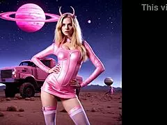 In this sci-fi parody, a milf in cosplay gives a blowjob to a teen while music plays.