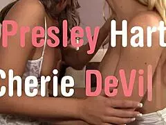 Presley hart and cherie deville break in their big brown sofa with hot lesbian masturbation and oral action