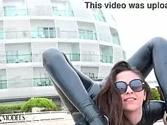 My wife in black latex catsuit, flexible as a doll, her emotions raw in this fetish lingerie scene.