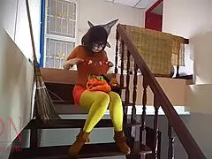 Halloween Witch in Regina Noir Style with Pumpkins and Broom Regina Noir as Velma Dinkley in Yellow Pantyhose Performing in Old House at Stairway