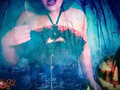 A ghostly ghoulfriend in costume gives jerk off instructions to her friend in a POV roleplay.