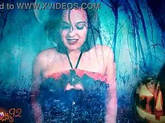 A ghostly ghoulfriend in costume gives jerk off instructions to her friend in a POV roleplay.