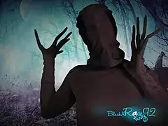 A ghostly ghoulfriend in costume gives jerk off instructions to her friend in a POV roleplay.