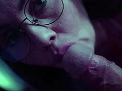 lewd brunette girl roughly sucks her man's monster cock and swallows mouthful