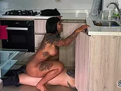 sayafit seduces her plumber neighbor with her athletic latina body, leading to blowjob and doggystyle sex, cheating on his wife.