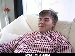 Stepmoms are teaching their stepsons about sex. It's a taboo 4some with horny milfs.