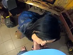 brunette milf deepthroats in cameltoe leggings and puffer jacket