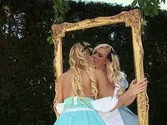 outdoor lesbian sex with skirts up and dildo fucking their wet pink cunts 😈