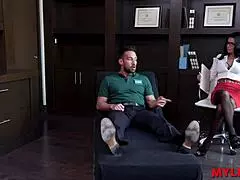 the psychologist squirts in fishnets and stockings at work