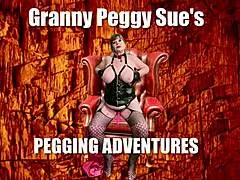 Granny Peggy Sue's strapon jerked to cum. Hardcore scene with big tits milf.