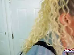 skinny blonde cutie sassy starts by sucking that big hard cock eagerly. then she gets fully jizzed all over after the intense blowjob.