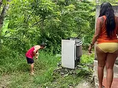 Hey, busty stepmother fucks gardener in forest quickie.